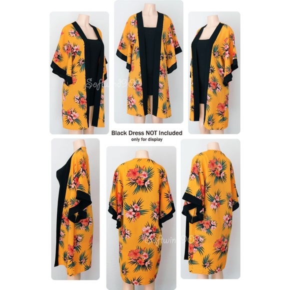 Mustard Yellow Tropical Floral Cover Up Kimono Top - Picture 4 of 8